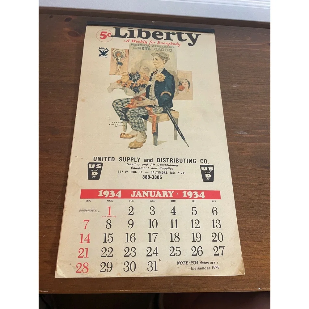 Vintage 1979 Liberty Magazine 1934 Calendar United Supply Baltimore MD